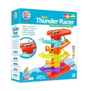 Ratna's 3 in 1 Thunder Racer Track Car Ramp 5 Layer Ball Drop & Roll Swirling Tower Toys for Baby and Toddler | Stack, Drop & Go Ramp Toy Set Includes 3 Cars, 3 Sliders & 1 Ball
