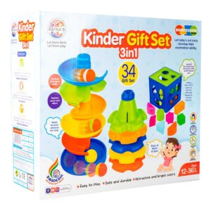Ratna's 3 in 1 Kinder Gift Set Containing Stack-N-Spin, Rainbow Spinning Tower & Shape Sorter Cube Montessori Toys Preschool Learning for Infants & Toddlers