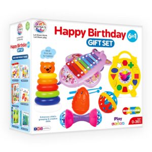 Ratna's Happy Birthday Gift Set 6in1 Pack with Xylophone, Stacking Ring, Rolypoly, Puzzle Clock, Dumbell & Ball Rattle Set for Babies 0-36+ Months