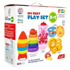 Ratna's My First Play Set 5in1 Pack of Rocket Stacker, Teddy Roly Poly, Shape Sorter Ball, Car Stacking Ring, Lion Pull Along Toy for Kids 8+ Months