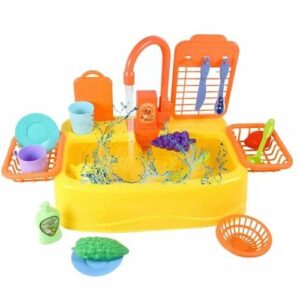 Kids Play Kitchen Sink Toy Set, Battery Operated Working Tap with Water Circulation, 20 Pieces Pretend Play Accessories, Green